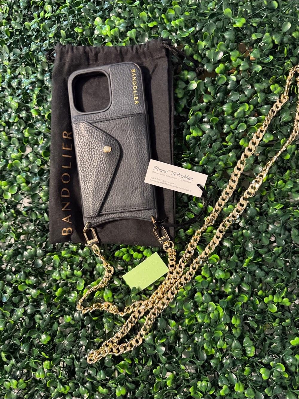 Bandolier Black Leather iPhone Crossbody Case with Gold Chain Strap